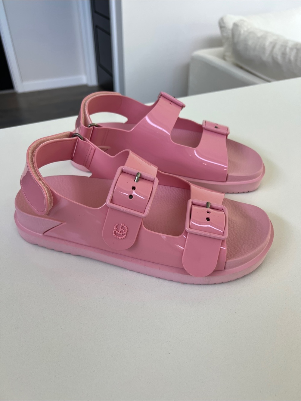 Gucci Isla double g rubber jelly open toe adjustable pink sandals size 40